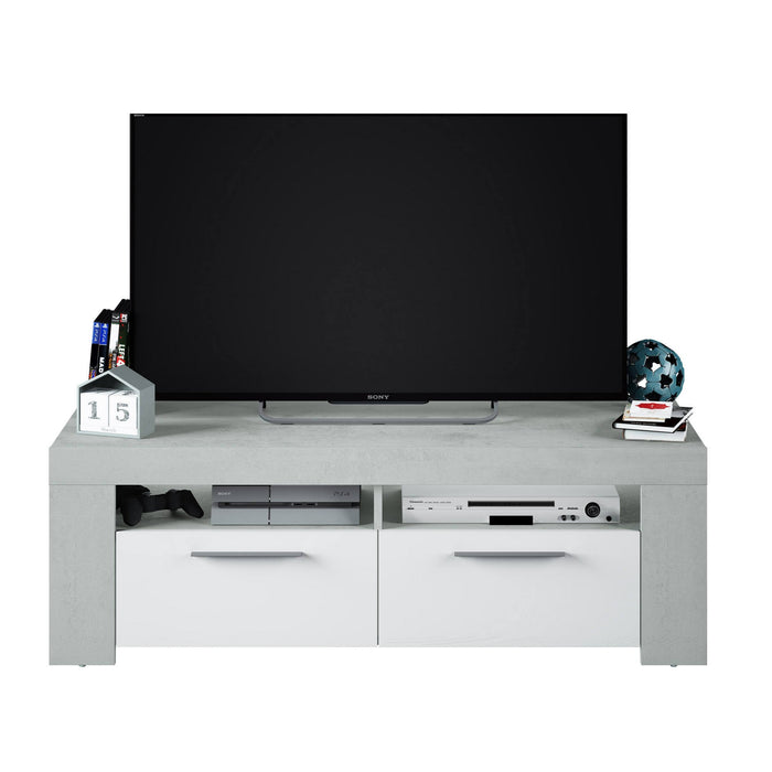 Mobile porta TV Sparaxis, Credenza per televisione da soggiorno, Supporto TV a 2 ante, Credenza bassa da salotto, cm 120x42h40, Bianco e Cemento