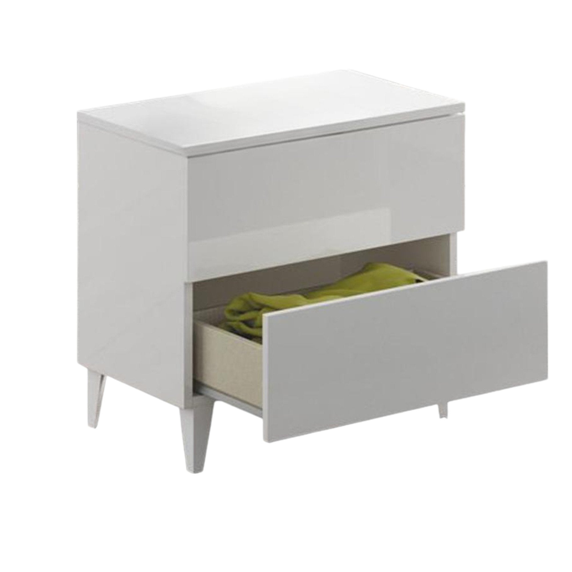 Comodino Armageddo, Comodino a 2 cassetti, Tavolino da notte, ComÒ² basso per camera da letto, cm 50x34h49, Bianco lucido