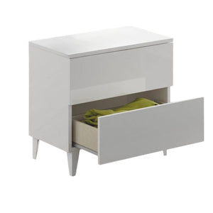 Comodino Armageddo, Comodino a 2 cassetti, Tavolino da notte, ComÒ² basso per camera da letto, cm 50x34h49, Bianco lucido