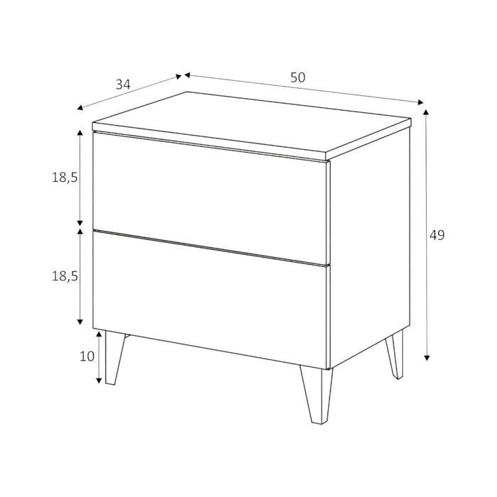 Comodino Armageddo, Comodino a 2 cassetti, Tavolino da notte, ComÒ² basso per camera da letto, cm 50x34h49, Bianco lucido