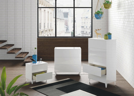 Comodino Armageddo, Comodino a 2 cassetti, Tavolino da notte, ComÒ² basso per camera da letto, cm 50x34h49, Bianco lucido