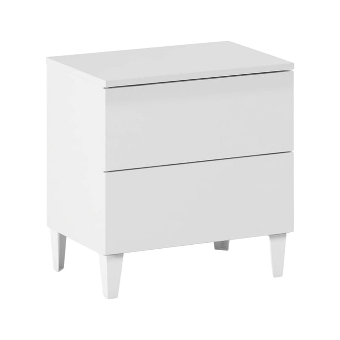 Comodino Armageddo, Comodino a 2 cassetti, Tavolino da notte, ComÒ² basso per camera da letto, cm 50x34h49, Bianco lucido