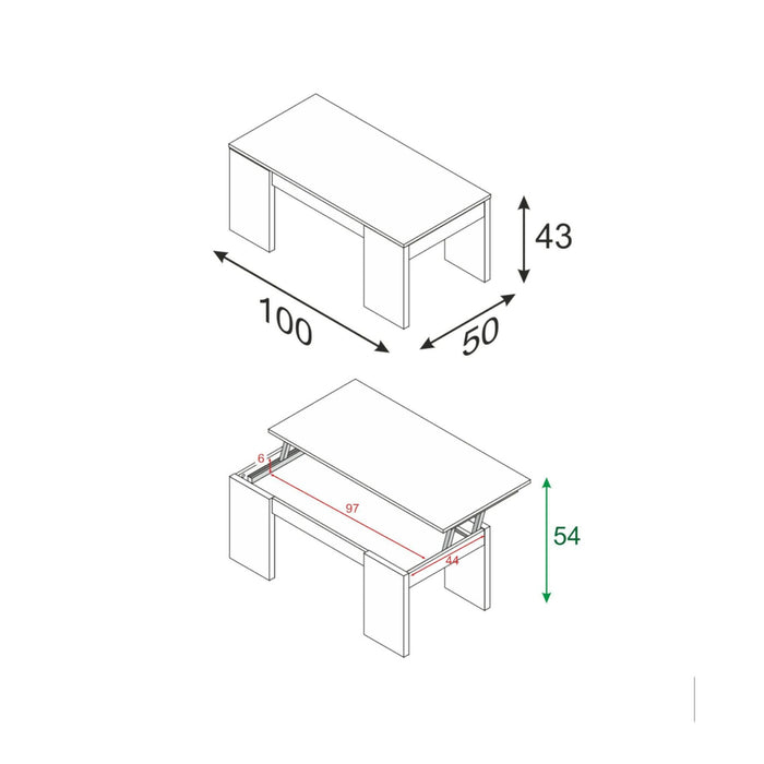 Tavolino da salotto Almo, Tavolino da caffÒ¨ con piano elevabile, Tavolo basso da soggiorno, cm 100x50h43/84, Bianco lucido