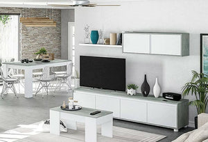 Parete attrezzata Amir, Mobile da soggiorno porta TV, Composizione set salotto, Set salotto con pensile, cm 200x41h43, Bianco e Cemento