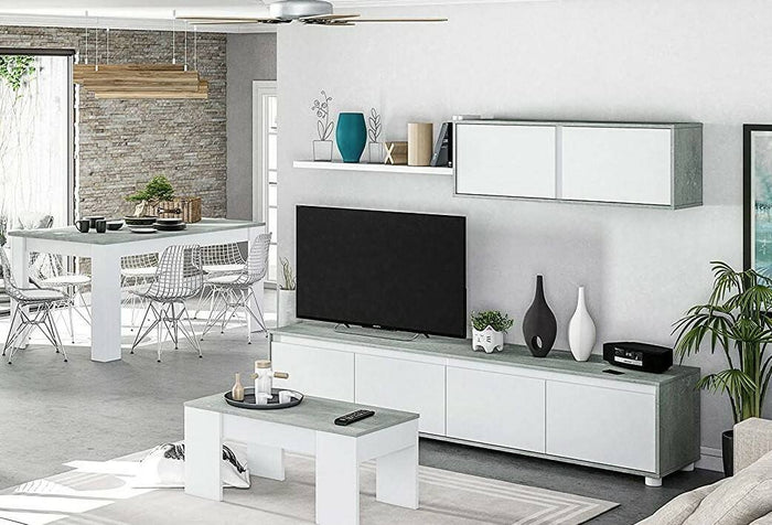Parete attrezzata Amir, Mobile da soggiorno porta TV, Composizione set salotto, Set salotto con pensile, cm 200x41h43, Bianco e Cemento