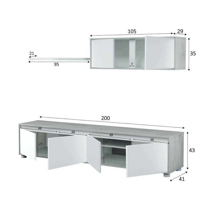 Parete attrezzata Amir, Mobile da soggiorno porta TV, Composizione set salotto, Set salotto con pensile, cm 200x41h43, Bianco e Cemento