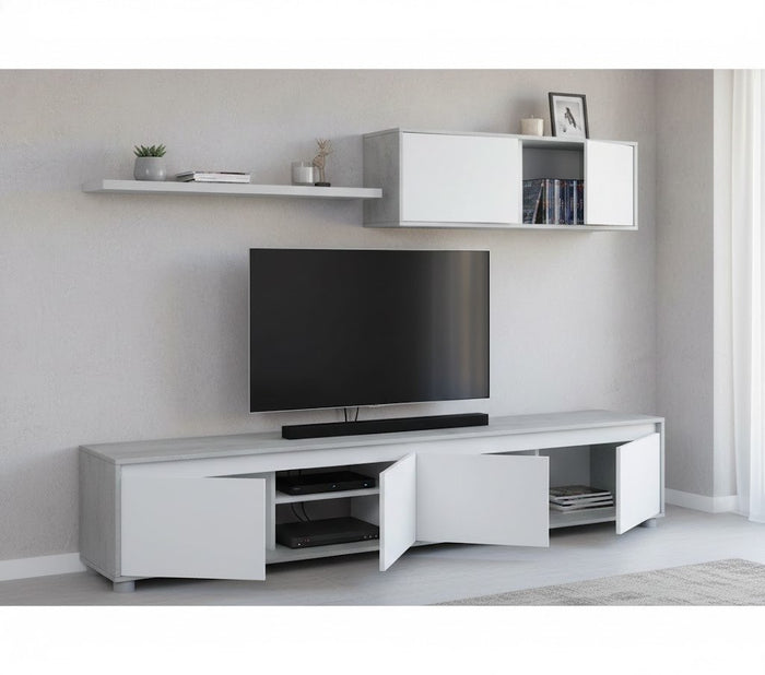 Parete attrezzata Amir, Mobile da soggiorno porta TV, Composizione set salotto, Set salotto con pensile, cm 200x41h43, Bianco e Cemento