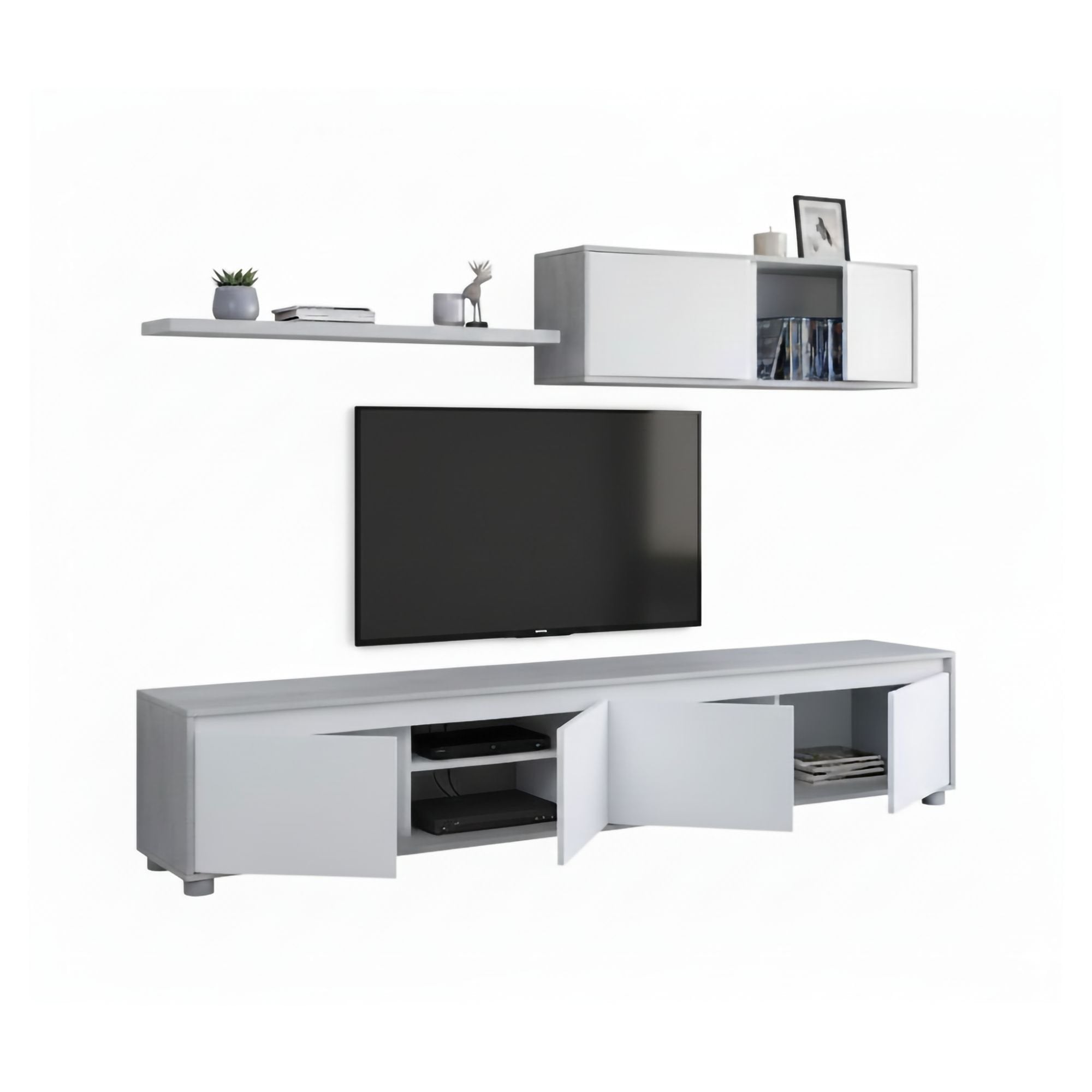 Parete attrezzata Amir, Mobile da soggiorno porta TV, Composizione set salotto, Set salotto con pensile, cm 200x41h43, Bianco e Cemento