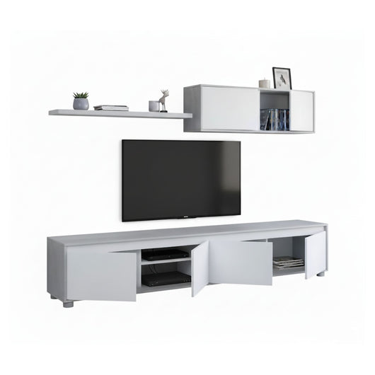 Parete attrezzata Amir, Mobile da soggiorno porta TV, Composizione set salotto, Set salotto con pensile, cm 200x41h43, Bianco e Cemento