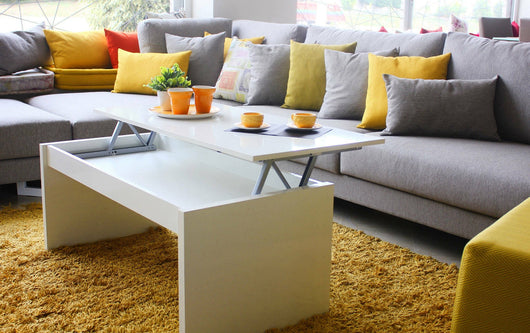 Tavolino da salotto Adrina, Tavolino da caffÒ¨ con piano elevabile, Tavolo basso da soggiorno, cm 102x50h43/54, Bianco lucido