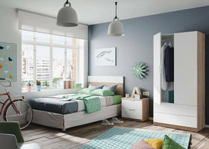 Comodino Aleangy, Comodino a due cassetti con testiera per letto singolo da 90 cm, cm 150 x 50 x 38, cm 50x38h75, Rovere e Bianco