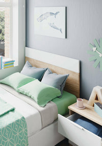 Comodino Aleangy, Comodino a due cassetti con testiera per letto singolo da 90 cm, cm 150 x 50 x 38, cm 50x38h75, Rovere e Bianco