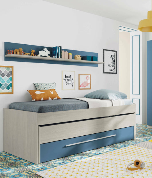 Letto singolo Art, Struttura letto per cameretta, Letto singolo con lettino estraibile e cassettone e mensola abbinata, cm 199x96h65, Bianco e Blu