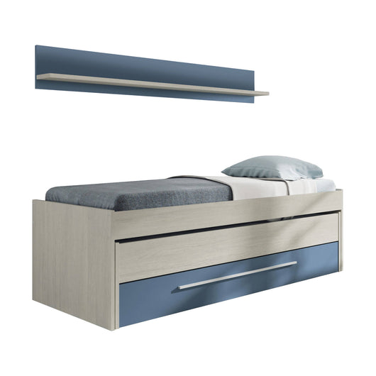 Letto singolo Art, Struttura letto per cameretta, Letto singolo con lettino estraibile e cassettone e mensola abbinata, cm 199x96h65, Bianco e Blu