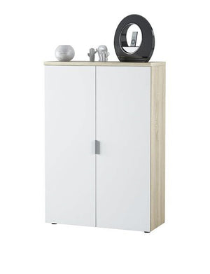 Armadio multiuso Dionisio, Mobile multiuso a 2 ante, Armadio portascarpe con 3 ripiani, Scarpiera moderna, cm 80x33h119, Rovere e Bianco