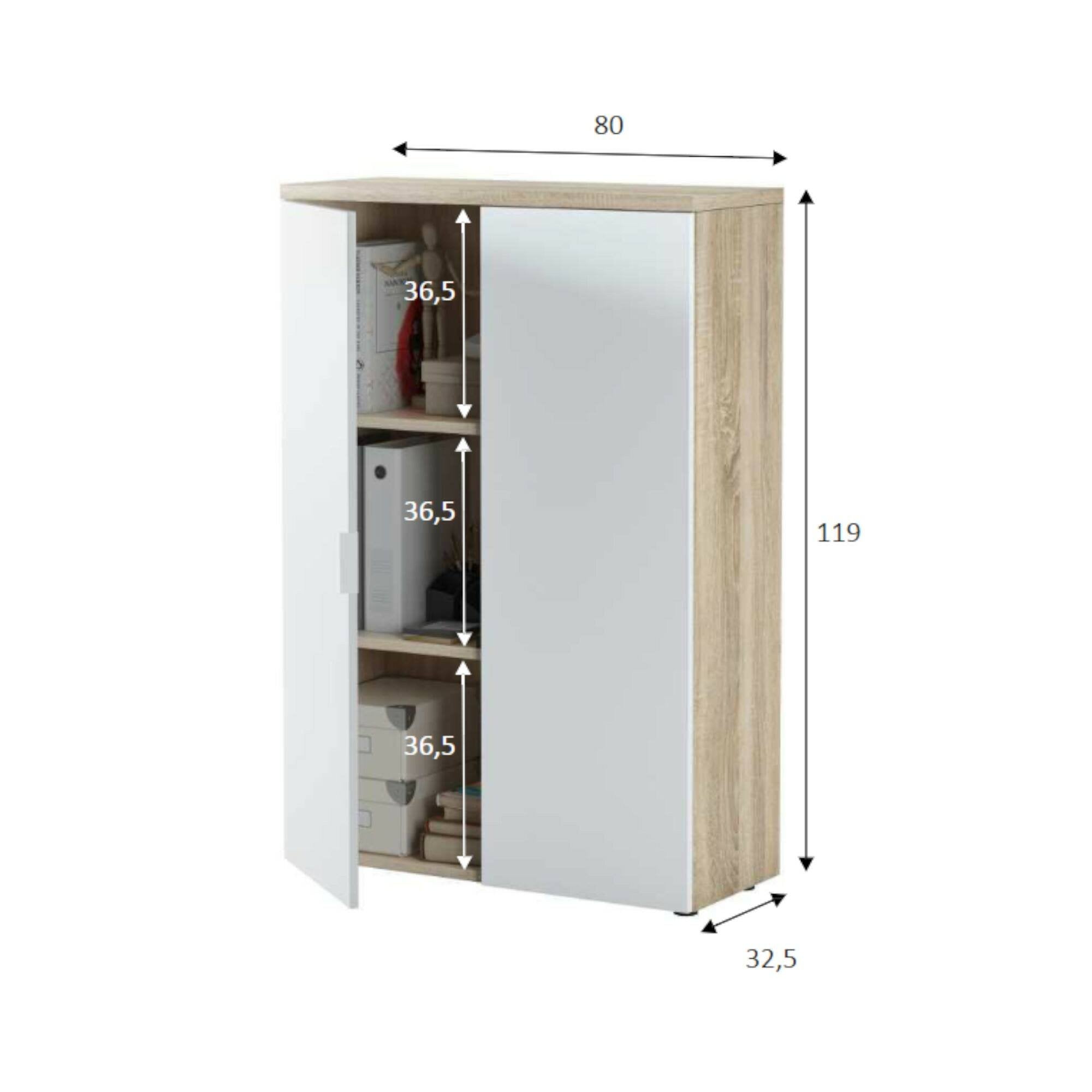 Armadio multiuso Dionisio, Mobile multiuso a 2 ante, Armadio portascarpe con 3 ripiani, Scarpiera moderna, cm 80x33h119, Rovere e Bianco