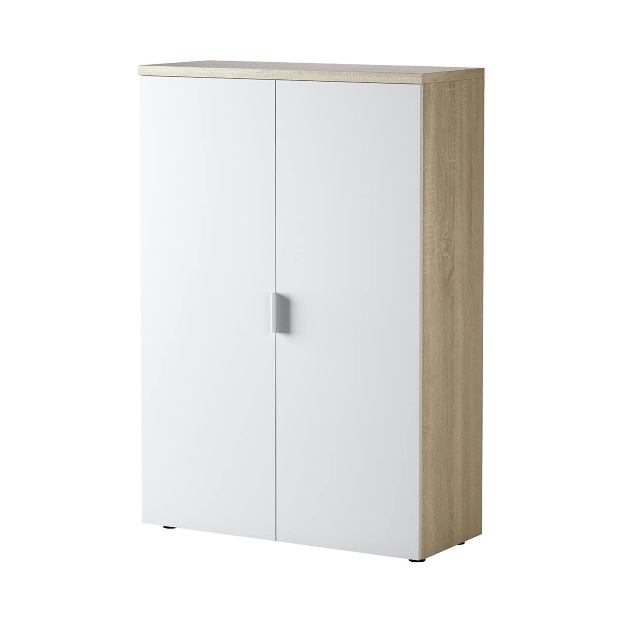 Armadio multiuso Dionisio, Mobile multiuso a 2 ante, Armadio portascarpe con 3 ripiani, Scarpiera moderna, cm 80x33h119, Rovere e Bianco