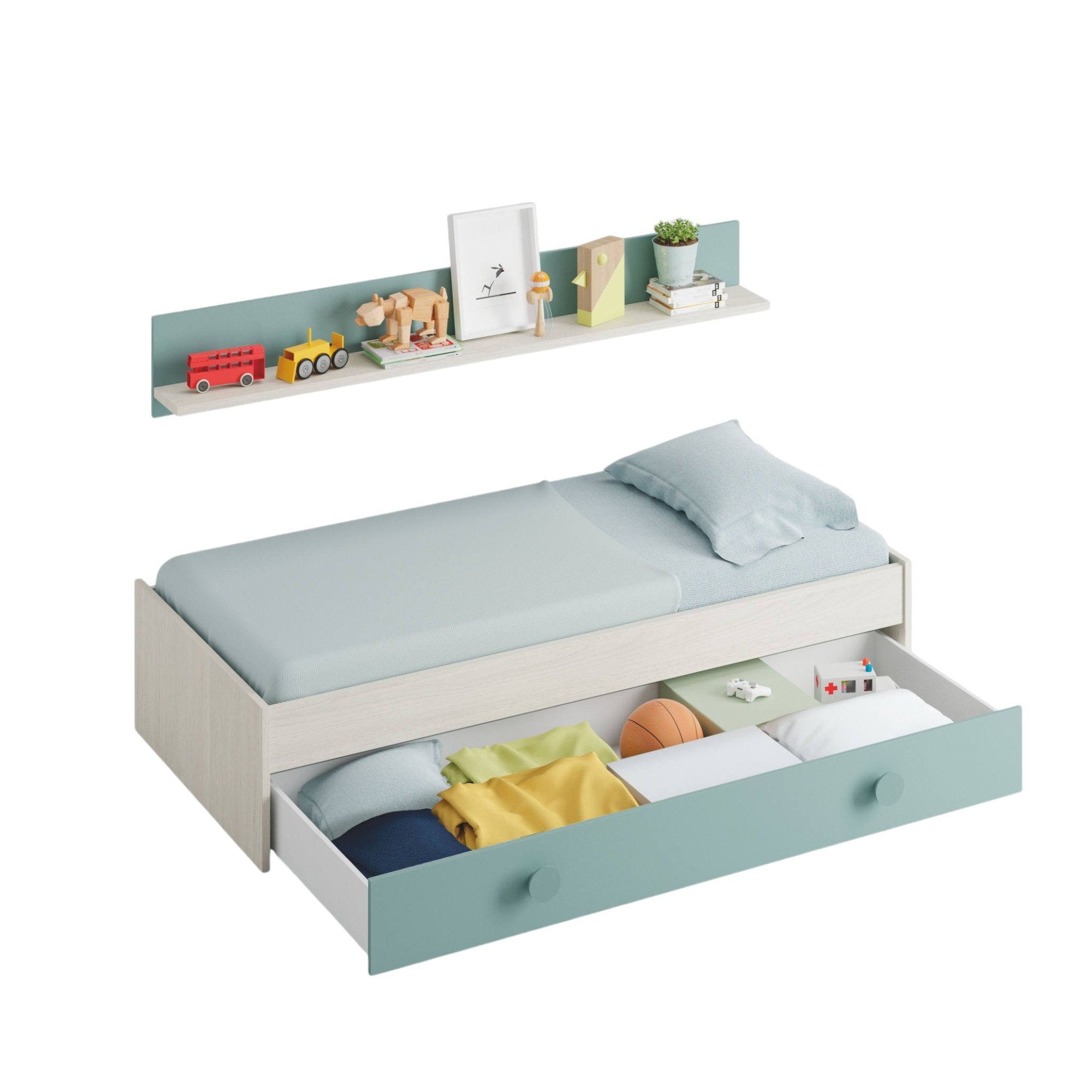 Letto singolo Aqua, Struttura letto per cameretta, Letto singolo con lettino estraibile o cassettone e mensola abbinata, cm 199x95h65, Bianco e Verde acqua