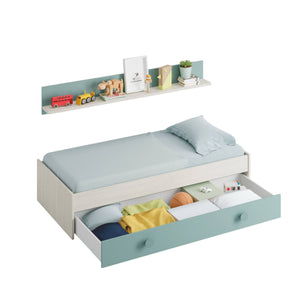 Letto singolo Aqua, Struttura letto per cameretta, Letto singolo con lettino estraibile o cassettone e mensola abbinata, cm 199x95h65, Bianco e Verde acqua