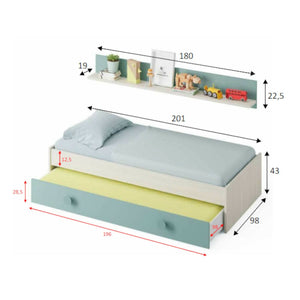Letto singolo Aqua, Struttura letto per cameretta, Letto singolo con lettino estraibile o cassettone e mensola abbinata, cm 199x95h65, Bianco e Verde acqua