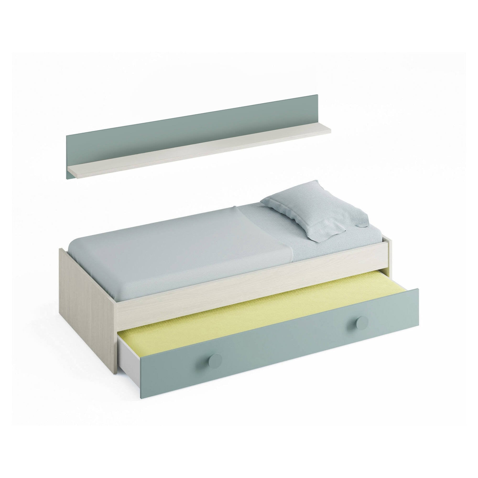 Letto singolo Aqua, Struttura letto per cameretta, Letto singolo con lettino estraibile o cassettone e mensola abbinata, cm 199x95h65, Bianco e Verde acqua
