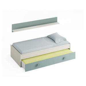 Letto singolo Aqua, Struttura letto per cameretta, Letto singolo con lettino estraibile o cassettone e mensola abbinata, cm 199x95h65, Bianco e Verde acqua