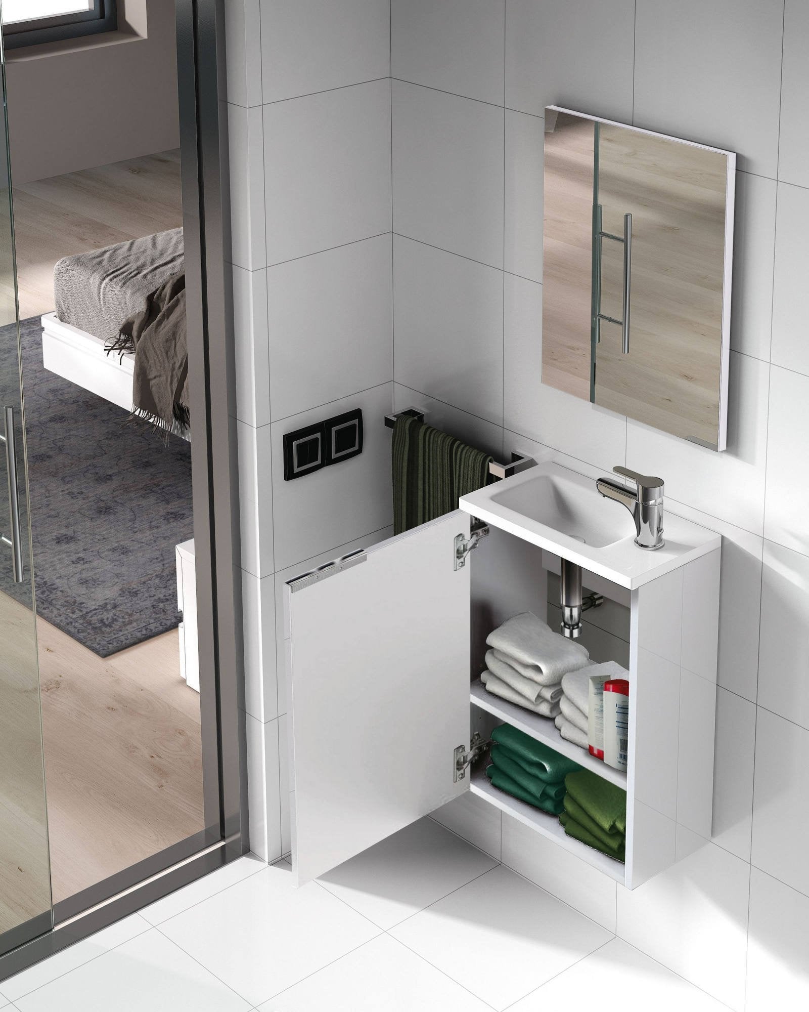 Mobile sottolavabo Akamaru, Mobiletto per bagno sospeso, Armadio a 1 anta e specchio, cm 40x22h58, Bianco lucido