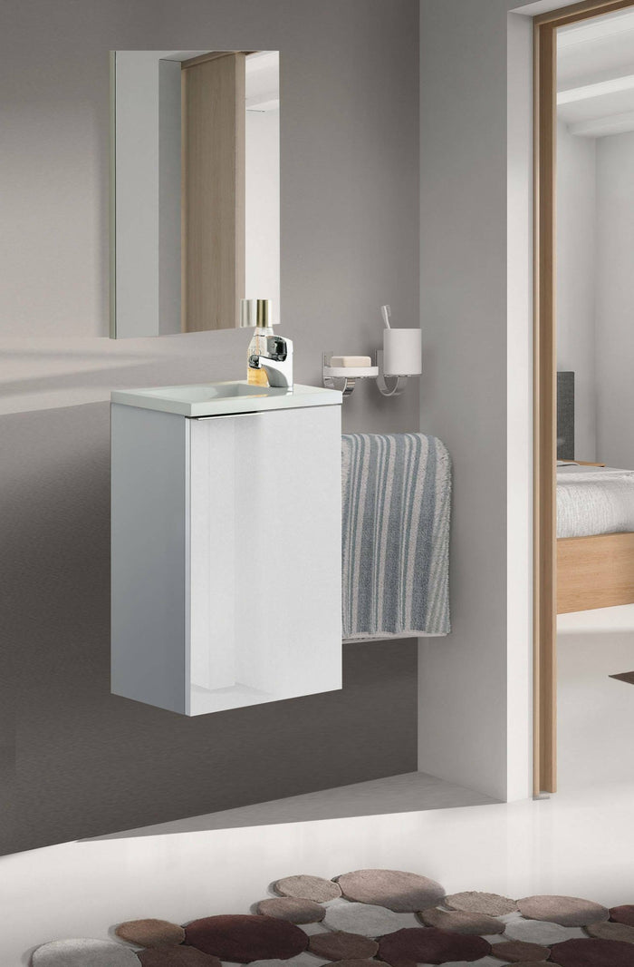 Mobile sottolavabo Akamaru, Mobiletto per bagno sospeso, Armadio a 1 anta e specchio, cm 40x22h58, Bianco lucido