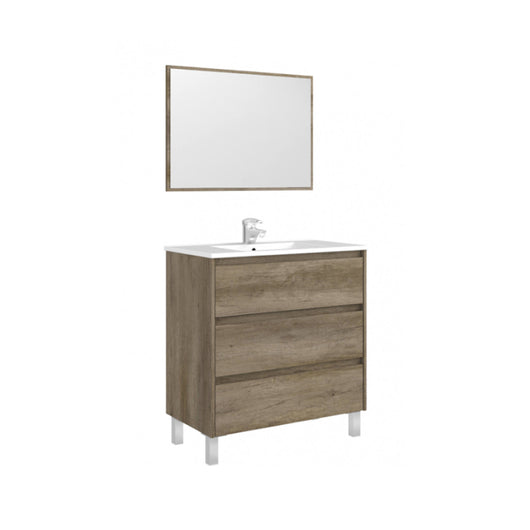 Mobile sottolavabo Albachiara, Mobiletto per bagno, Armadio a 3 cassetti e specchio, lavabo non incluso, cm 80x45h86, Quercia