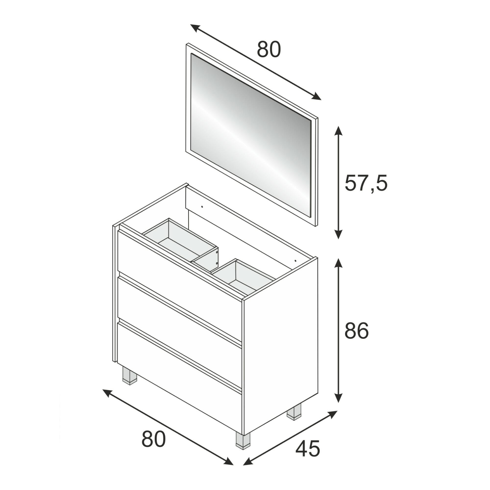 Mobile sottolavabo Albachiara, Mobiletto per bagno, Armadio a 3 cassetti e specchio, lavabo non incluso, cm 80x45h86, Quercia