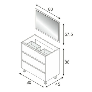 Mobile sottolavabo Albachiara, Mobiletto per bagno, Armadio a 3 cassetti e specchio, lavabo non incluso, cm 80x45h86, Quercia