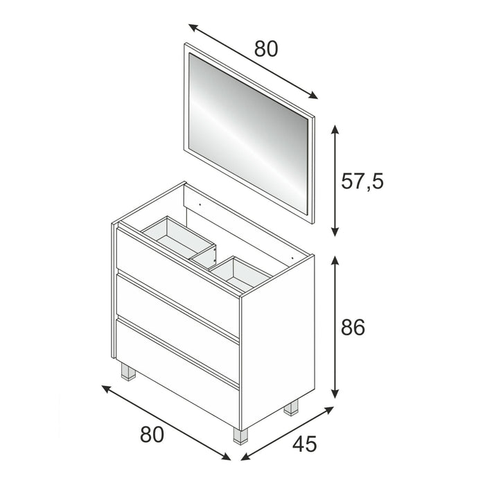 Mobile sottolavabo Albachiara, Mobiletto per bagno, Armadio a 3 cassetti e specchio, lavabo non incluso, cm 80x45h86, Quercia