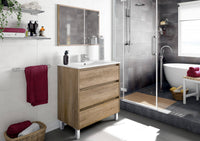 Mobile sottolavabo Albachiara, Mobiletto per bagno, Armadio a 3 cassetti e specchio, lavabo non incluso, cm 80x45h86, Quercia