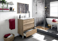Mobile sottolavabo Albachiara, Mobiletto per bagno, Armadio a 3 cassetti e specchio, lavabo non incluso, cm 80x45h86, Quercia