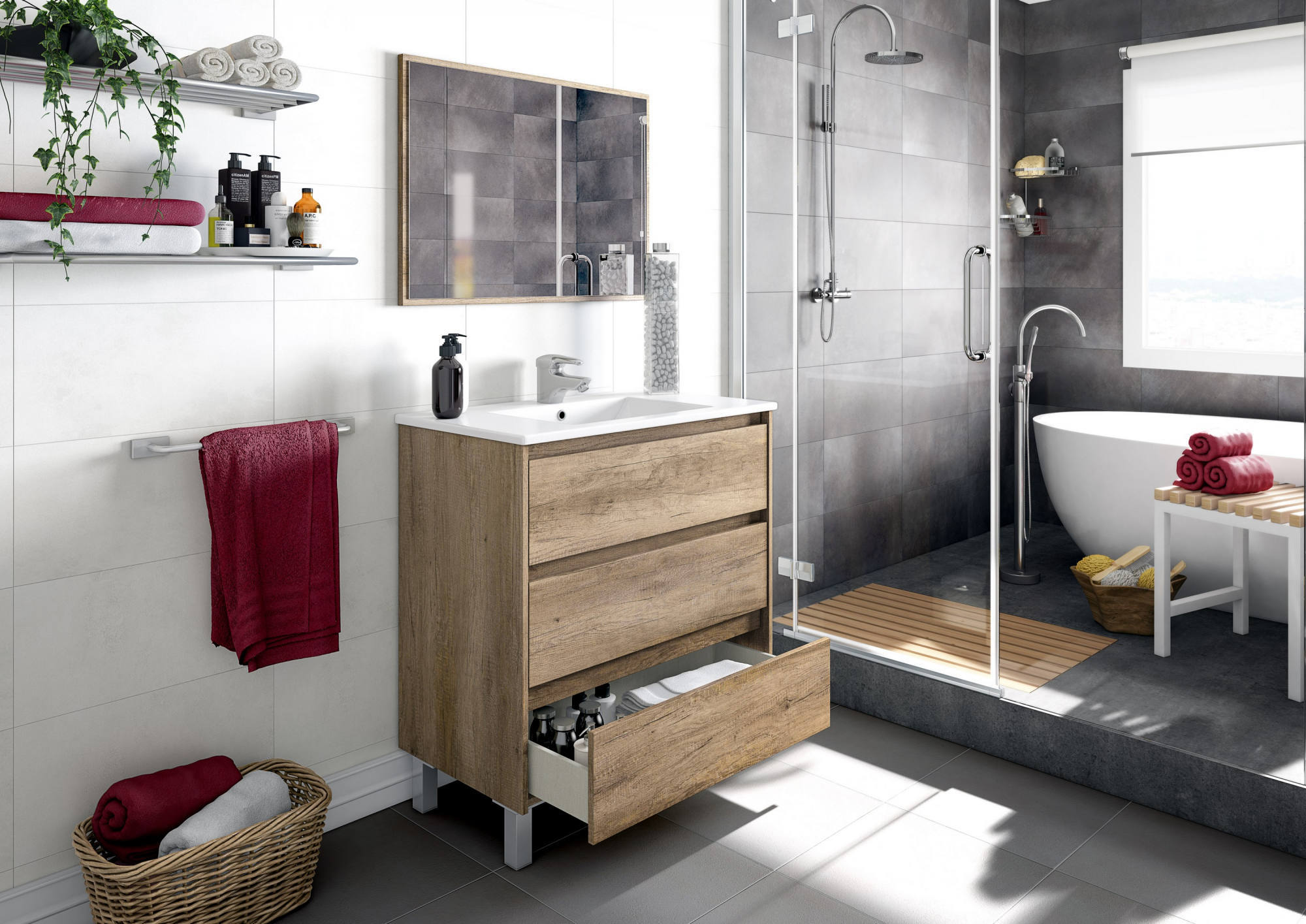 Mobile sottolavabo Albachiara, Mobiletto per bagno, Armadio a 3 cassetti e specchio, lavabo non incluso, cm 80x45h86, Quercia