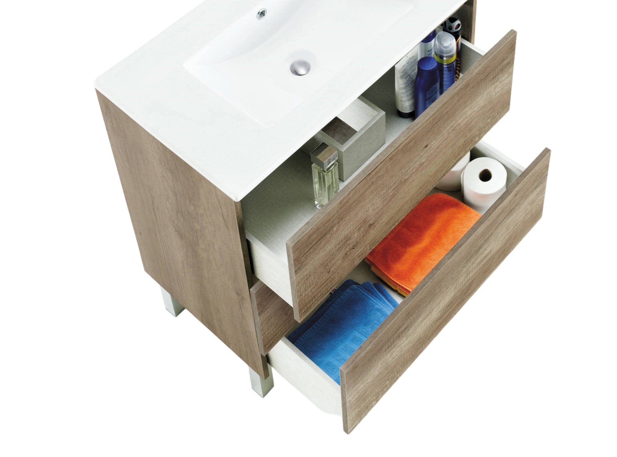 Mobile sottolavabo Albachiara, Mobiletto per bagno, Armadio a 3 cassetti e specchio, lavabo non incluso, cm 80x45h86, Quercia