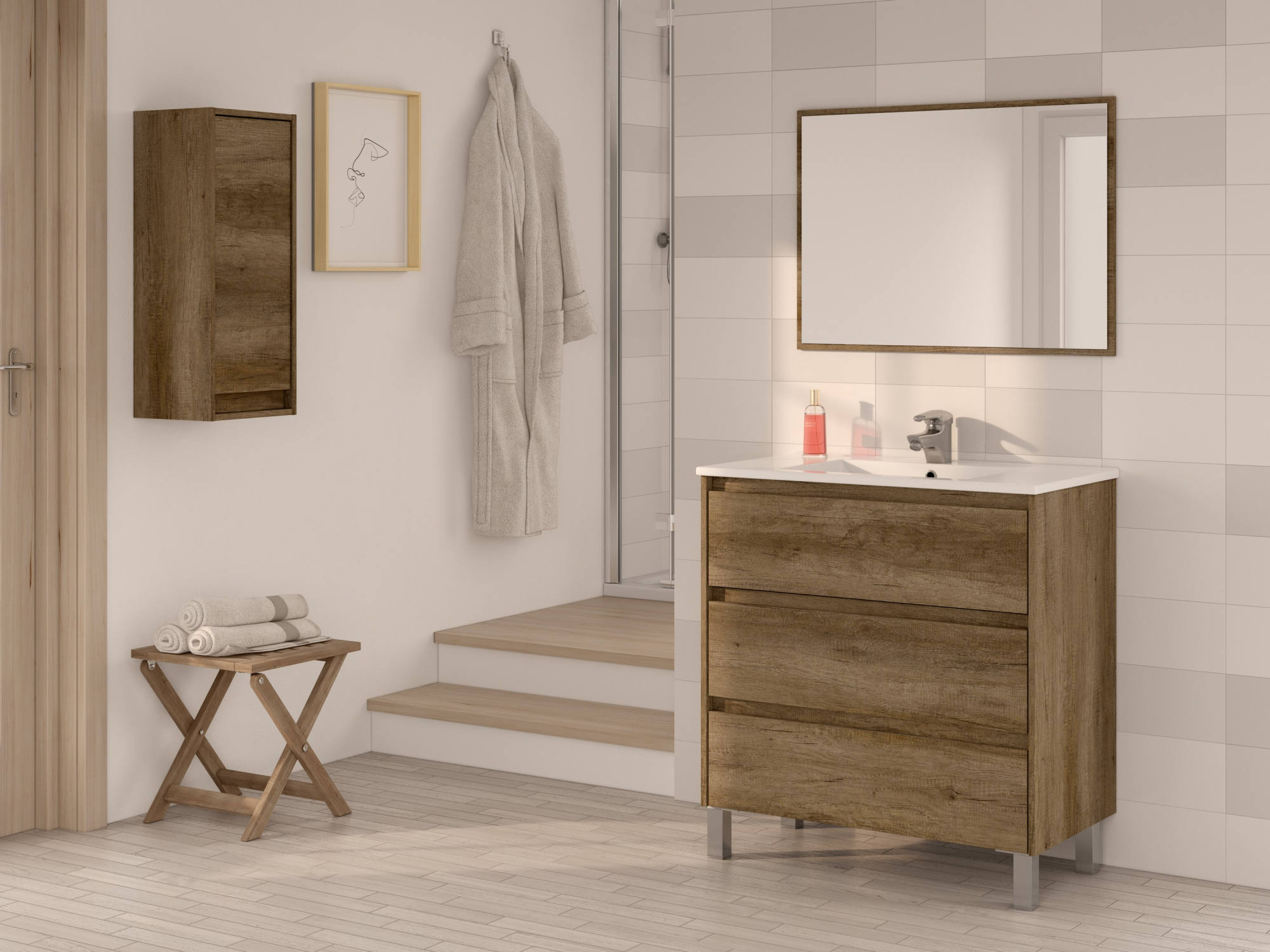 Mobile sottolavabo Albachiara, Mobiletto per bagno, Armadio a 3 cassetti e specchio, lavabo non incluso, cm 80x45h86, Quercia