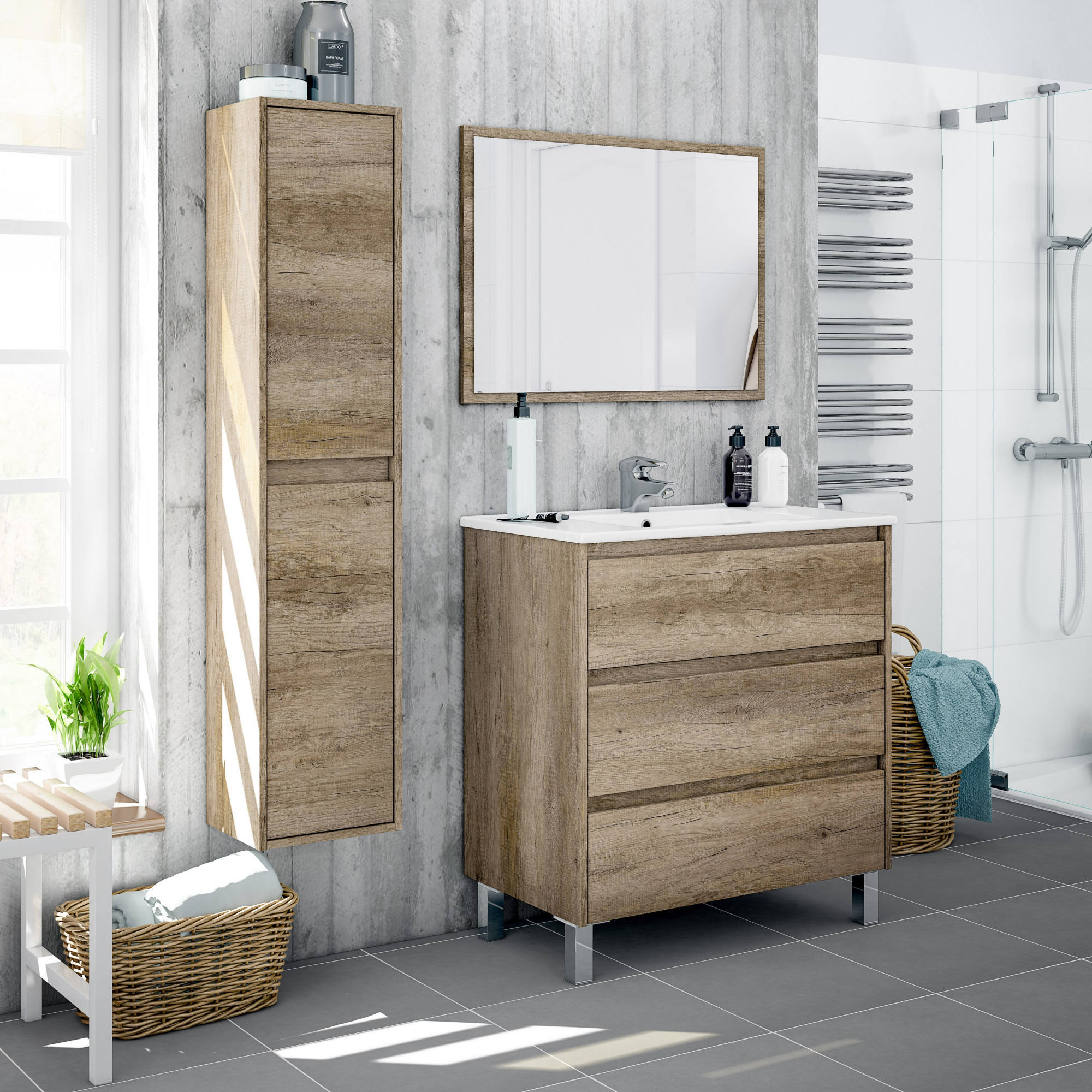 Mobile sottolavabo Albachiara, Mobiletto per bagno, Armadio a 3 cassetti e specchio, lavabo non incluso, cm 80x45h86, Quercia