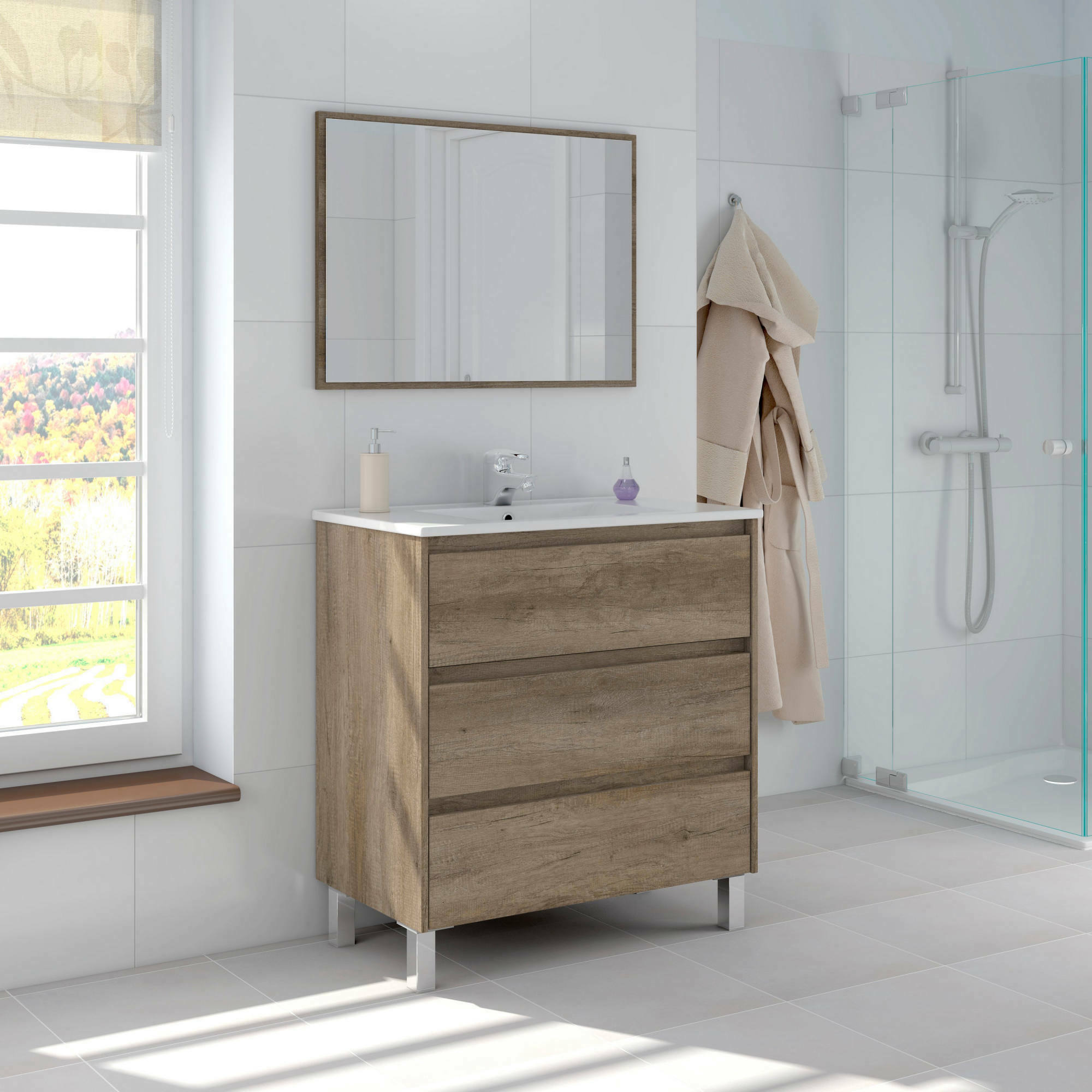 Mobile sottolavabo Albachiara, Mobiletto per bagno, Armadio a 3 cassetti e specchio, lavabo non incluso, cm 80x45h86, Quercia