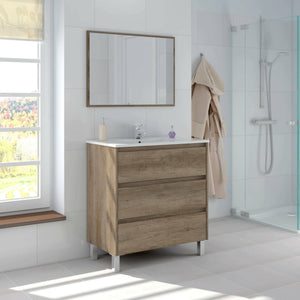 Mobile sottolavabo Albachiara, Mobiletto per bagno, Armadio a 3 cassetti e specchio, lavabo non incluso, cm 80x45h86, Quercia