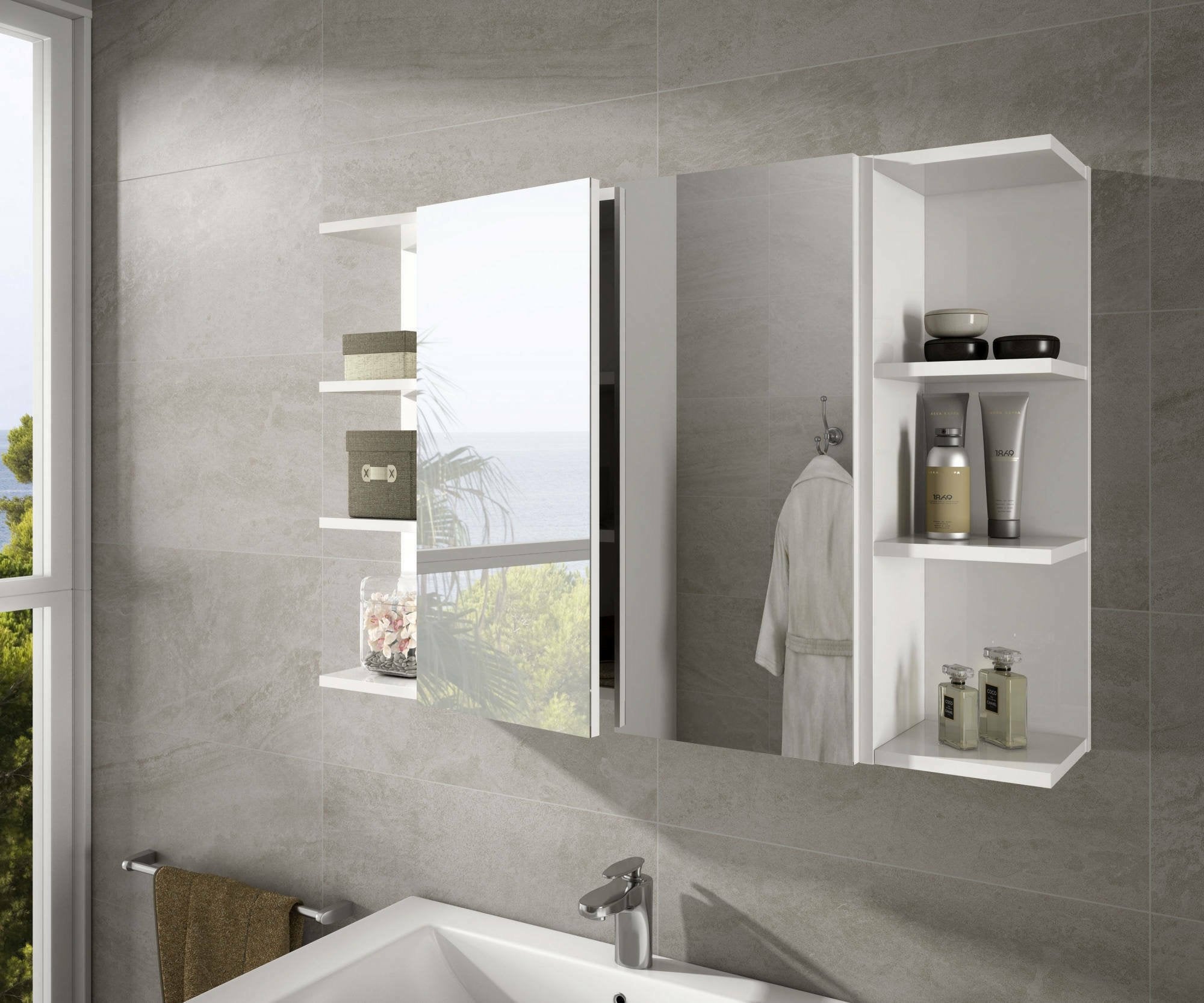 Mobile Pensile Bagno Alinka, Mobile colonna sospeso per bagno, Armadietto ad angolo con 3 ripiani aperti, cm 20x20h65, Bianco