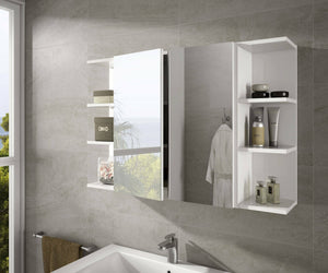 Mobile Pensile Bagno Alinka, Mobile colonna sospeso per bagno, Armadietto ad angolo con 3 ripiani aperti, cm 20x20h65, Bianco