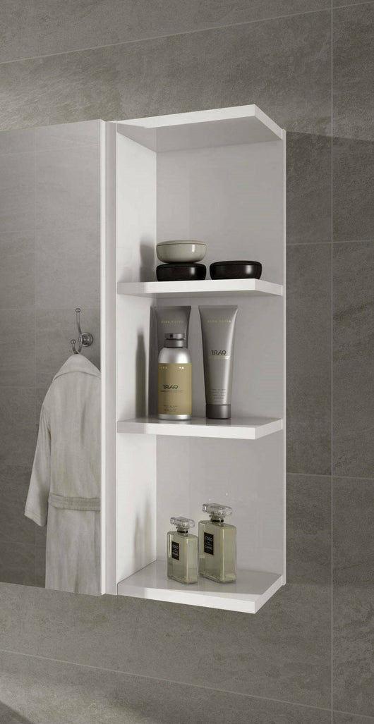 Mobile Pensile Bagno Alinka, Mobile colonna sospeso per bagno, Armadietto ad angolo con 3 ripiani aperti, cm 20x20h65, Bianco