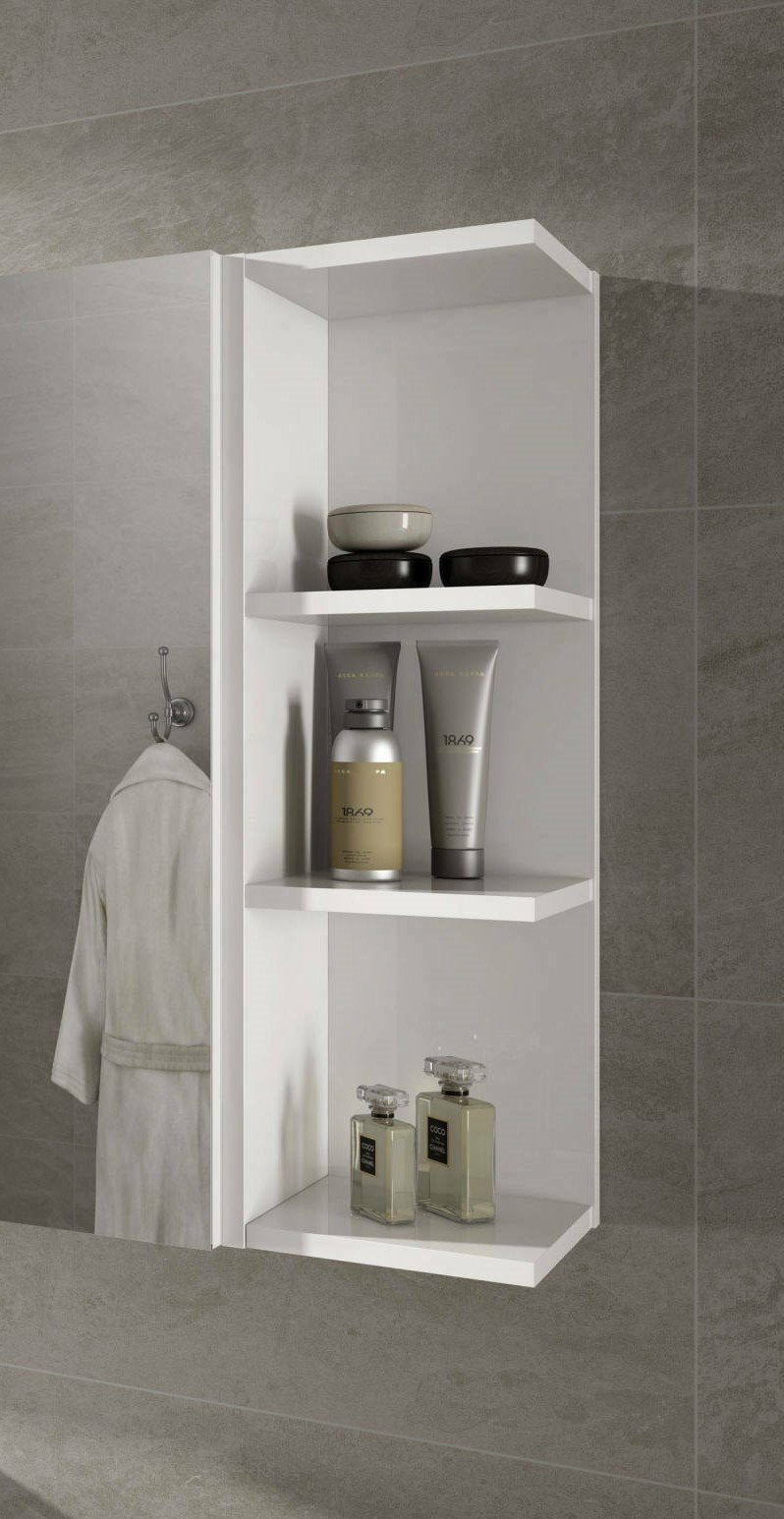 Mobile Pensile Bagno Alinka, Mobile colonna sospeso per bagno, Armadietto ad angolo con 3 ripiani aperti, cm 20x20h65, Bianco