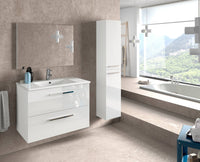 Mobile sottolavabo Albino, Mobiletto per bagno sospeso, Armadio a 2 cassetti e specchio, cm 80x45h57, Bianco lucido