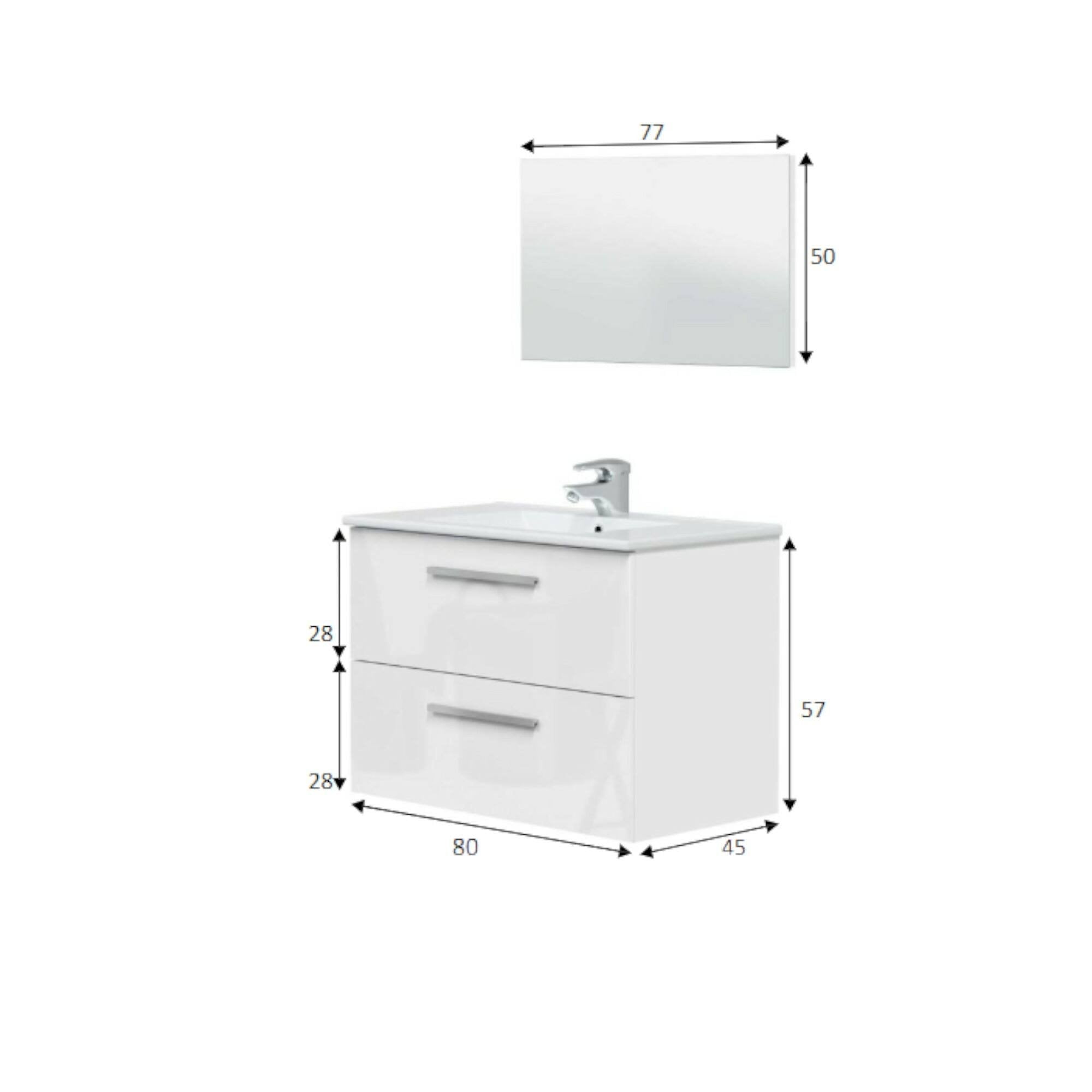 Mobile sottolavabo Albino, Mobiletto per bagno sospeso, Armadio a 2 cassetti e specchio, cm 80x45h57, Bianco lucido