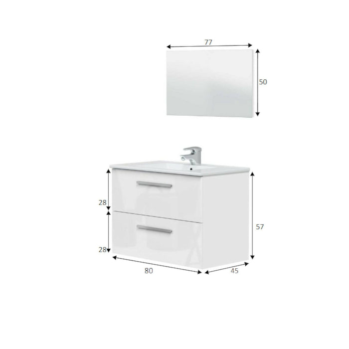 Mobile sottolavabo Albino, Mobiletto per bagno sospeso, Armadio a 2 cassetti e specchio, cm 80x45h57, Bianco lucido