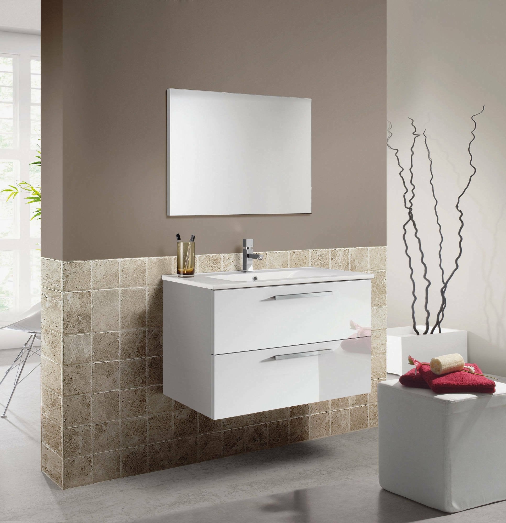 Mobile sottolavabo Albino, Mobiletto per bagno sospeso, Armadio a 2 cassetti e specchio, cm 80x45h57, Bianco lucido