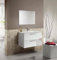 Mobile sottolavabo Albino, Mobiletto per bagno sospeso, Armadio a 2 cassetti e specchio, cm 80x45h57, Bianco lucido
