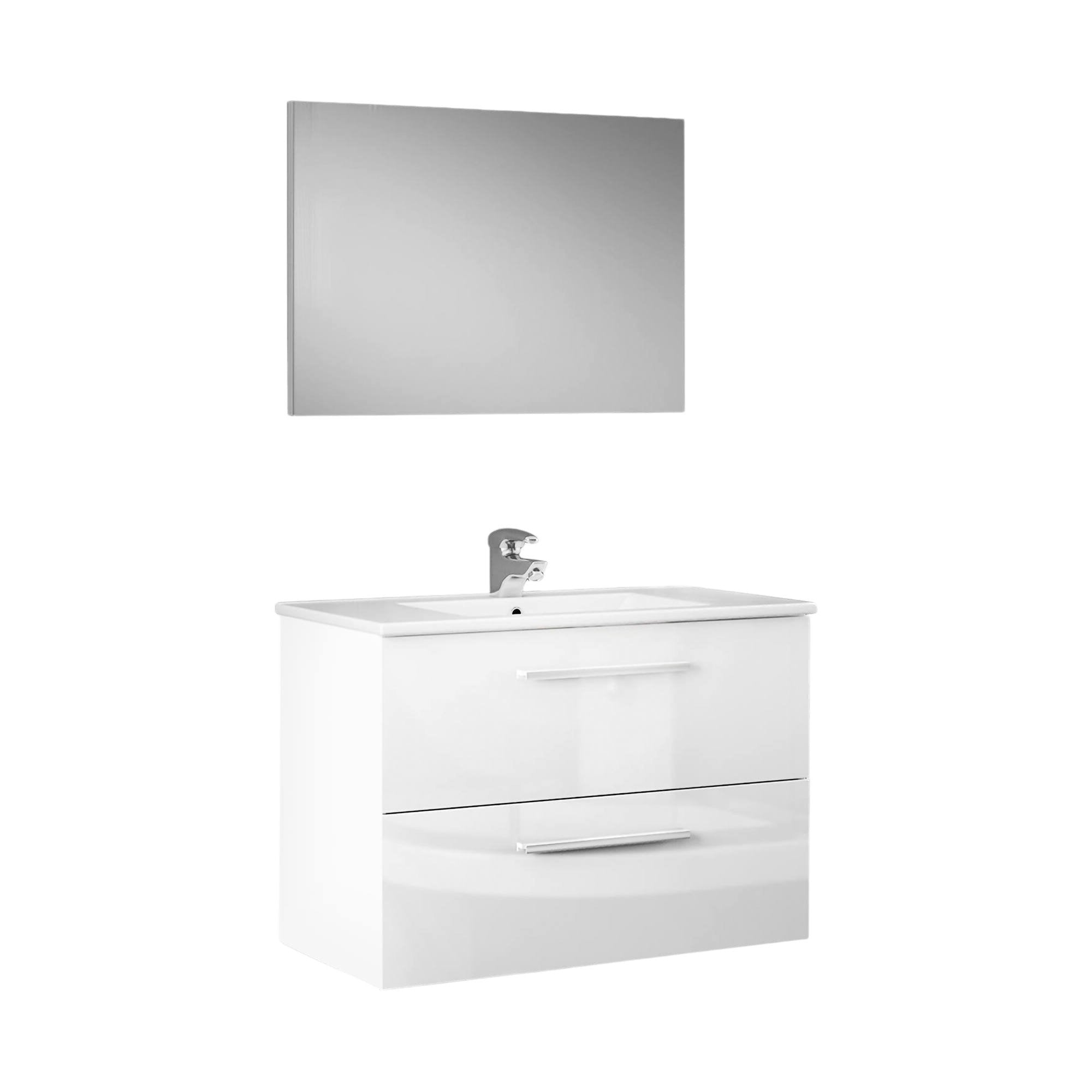 Mobile sottolavabo Albino, Mobiletto per bagno sospeso, Armadio a 2 cassetti e specchio, cm 80x45h57, Bianco lucido